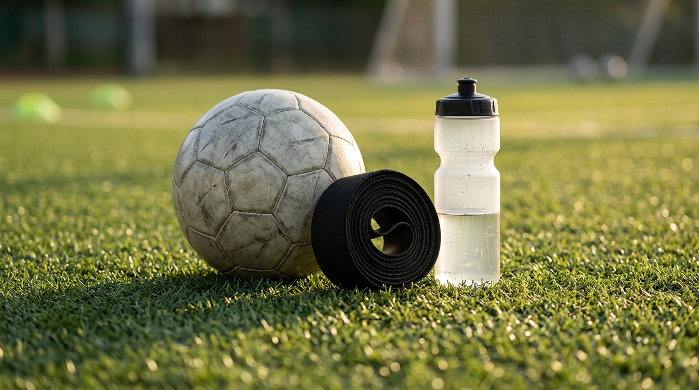 A resistance band and water bottle next to a soccer ball on artificial turf, representing soccer-specific workouts for youth players