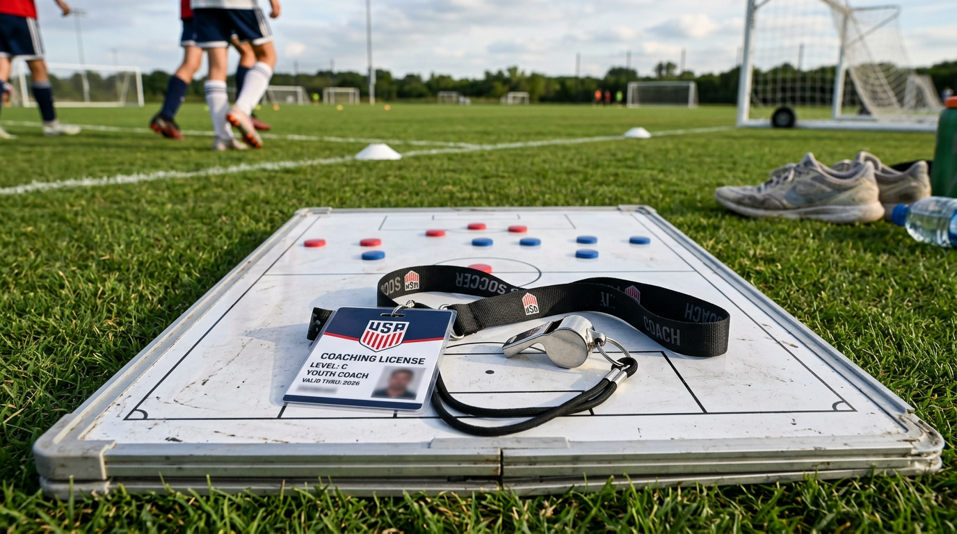 A coaching badge lanyard and whistle on a tactical board beside a grass pitch, representing US Soccer coaching license education