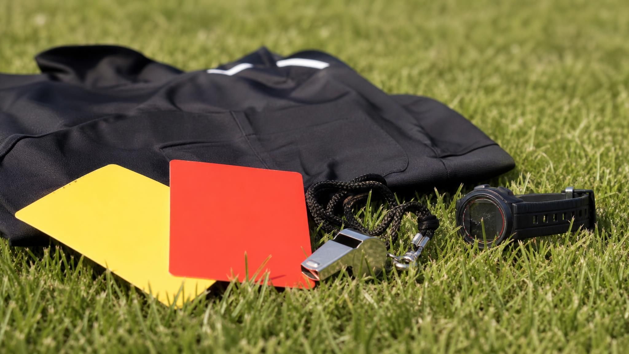 A referee whistle, yellow and red cards and a wristwatch on grass beside a folded black jersey, the basic kit needed to become a youth soccer referee
