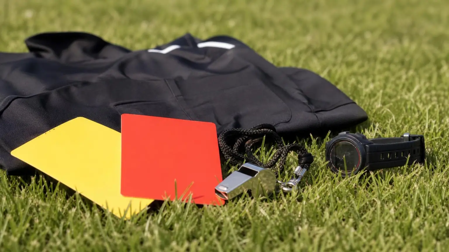 A referee whistle, yellow and red cards and a wristwatch on grass beside a folded black jersey, the basic kit needed to become a youth soccer referee