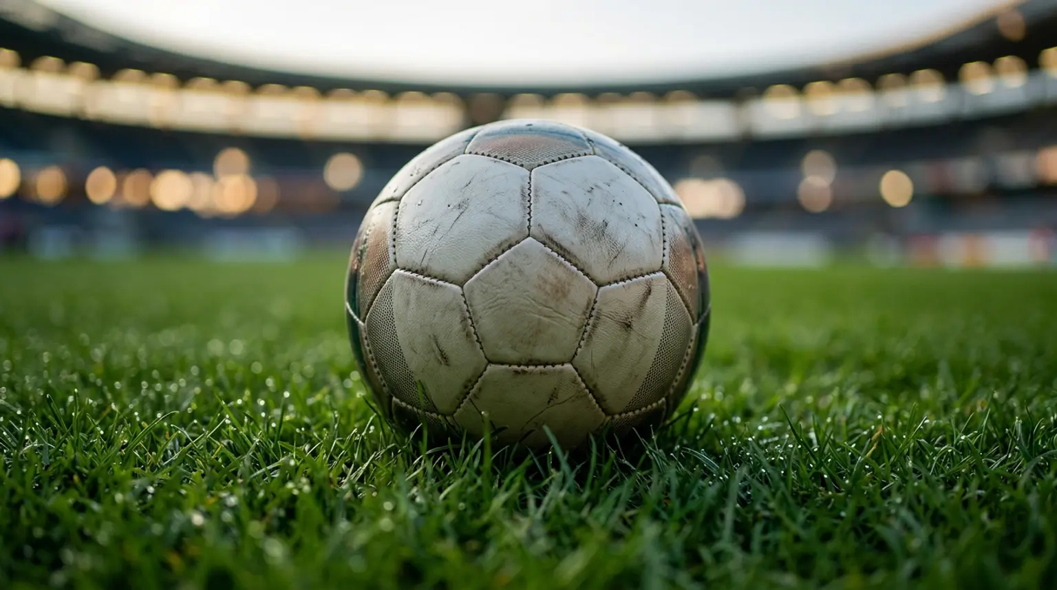 A soccer ball on fresh green grass with soft bokeh stadium lights in the background