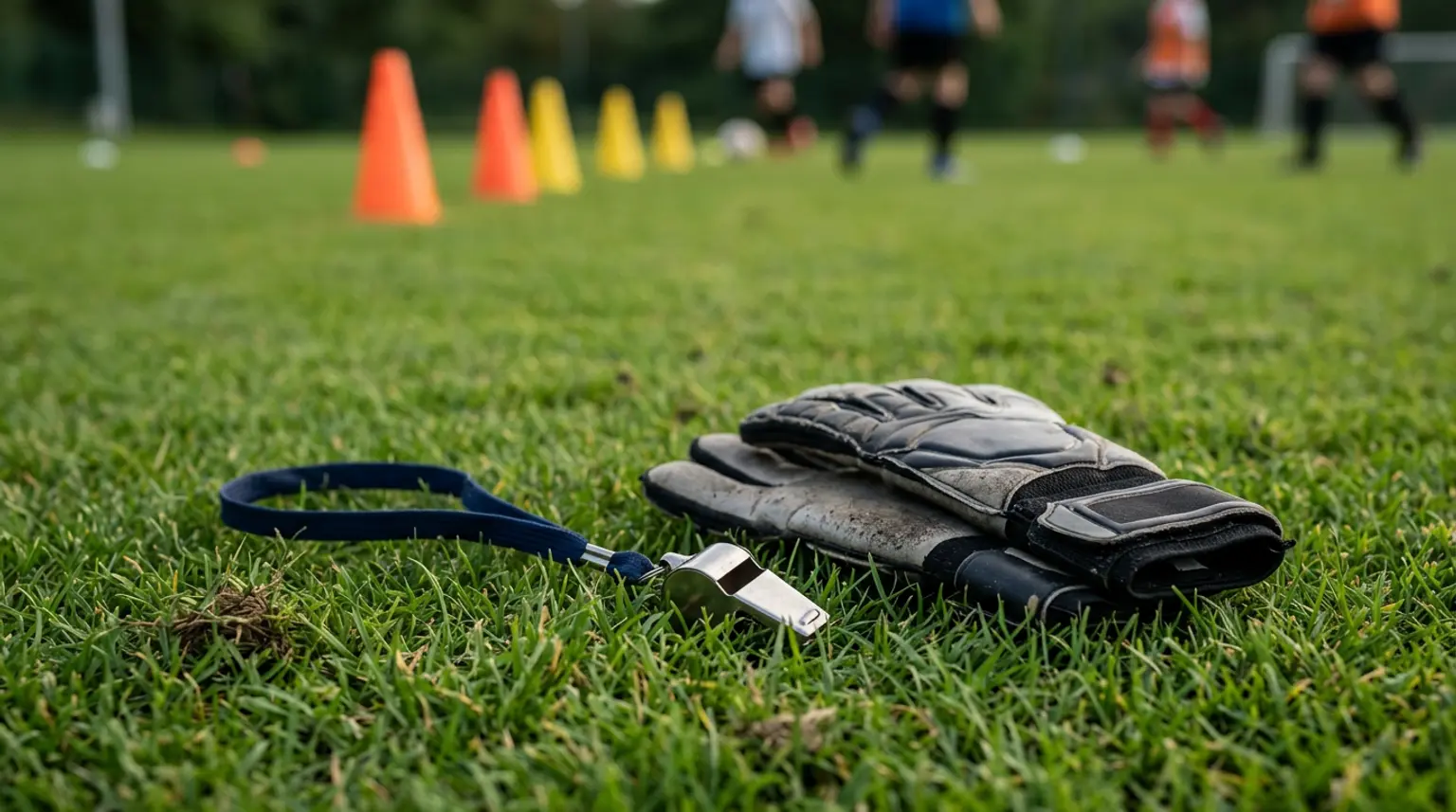 A whistle on a lanyard and coaching gloves on a grass pitch with training cones behind, representing effective coaching feedback in youth soccer