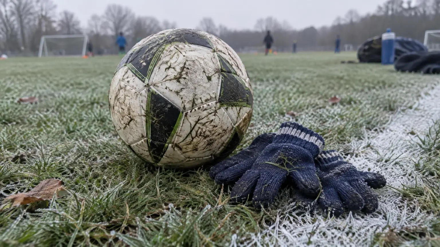A youth soccer ball and a pair of small knitted gloves on frost-covered grass, illustrating what to wear for soccer in cold weather