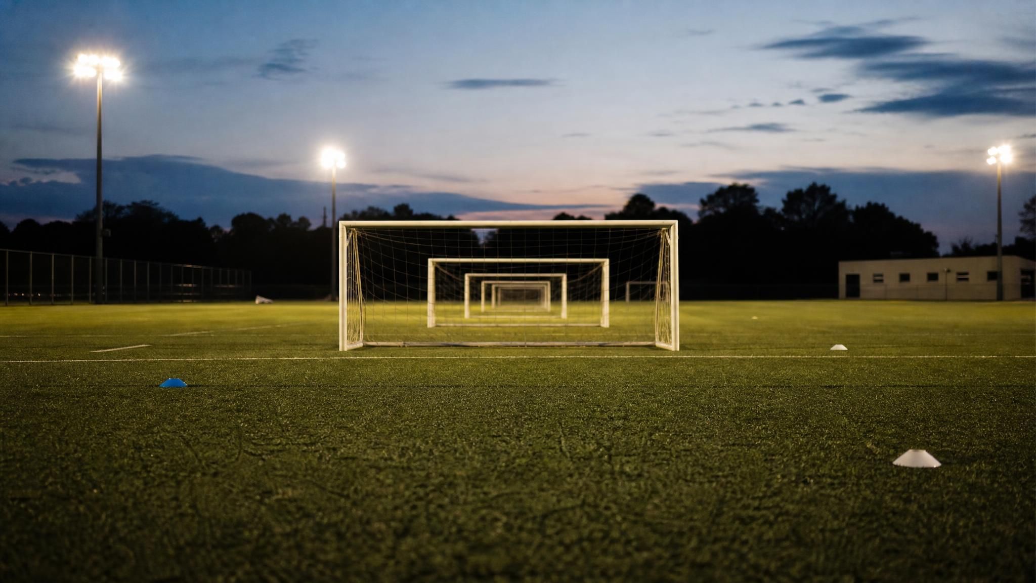 An empty club soccer training pitch with rows of goals fading into the distance under floodlights at dusk, representing the tiers of the boys youth soccer pyramid