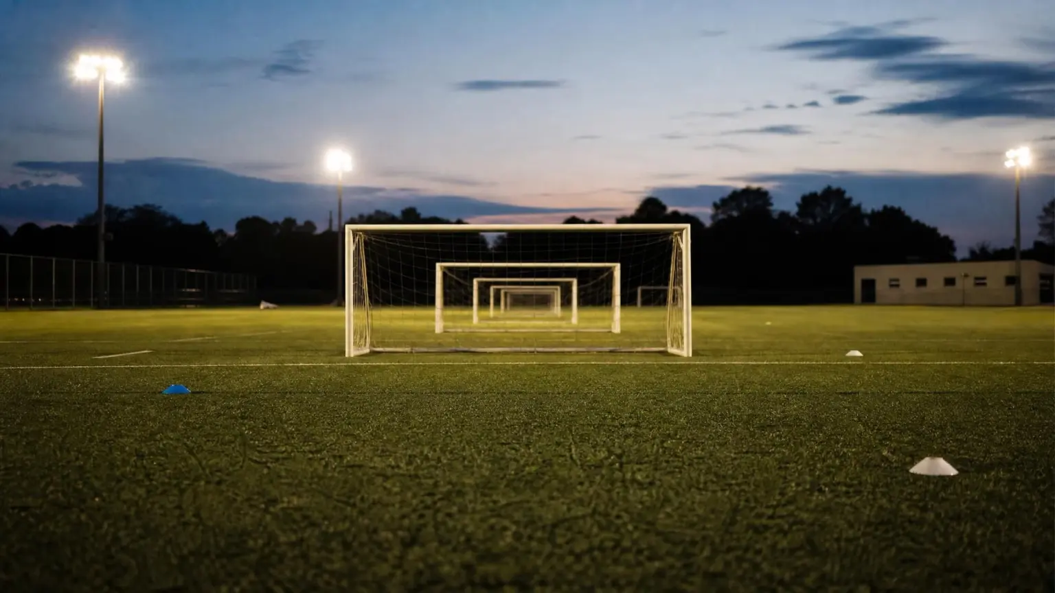 An empty club soccer training pitch with rows of goals fading into the distance under floodlights at dusk, representing the tiers of the boys youth soccer pyramid
