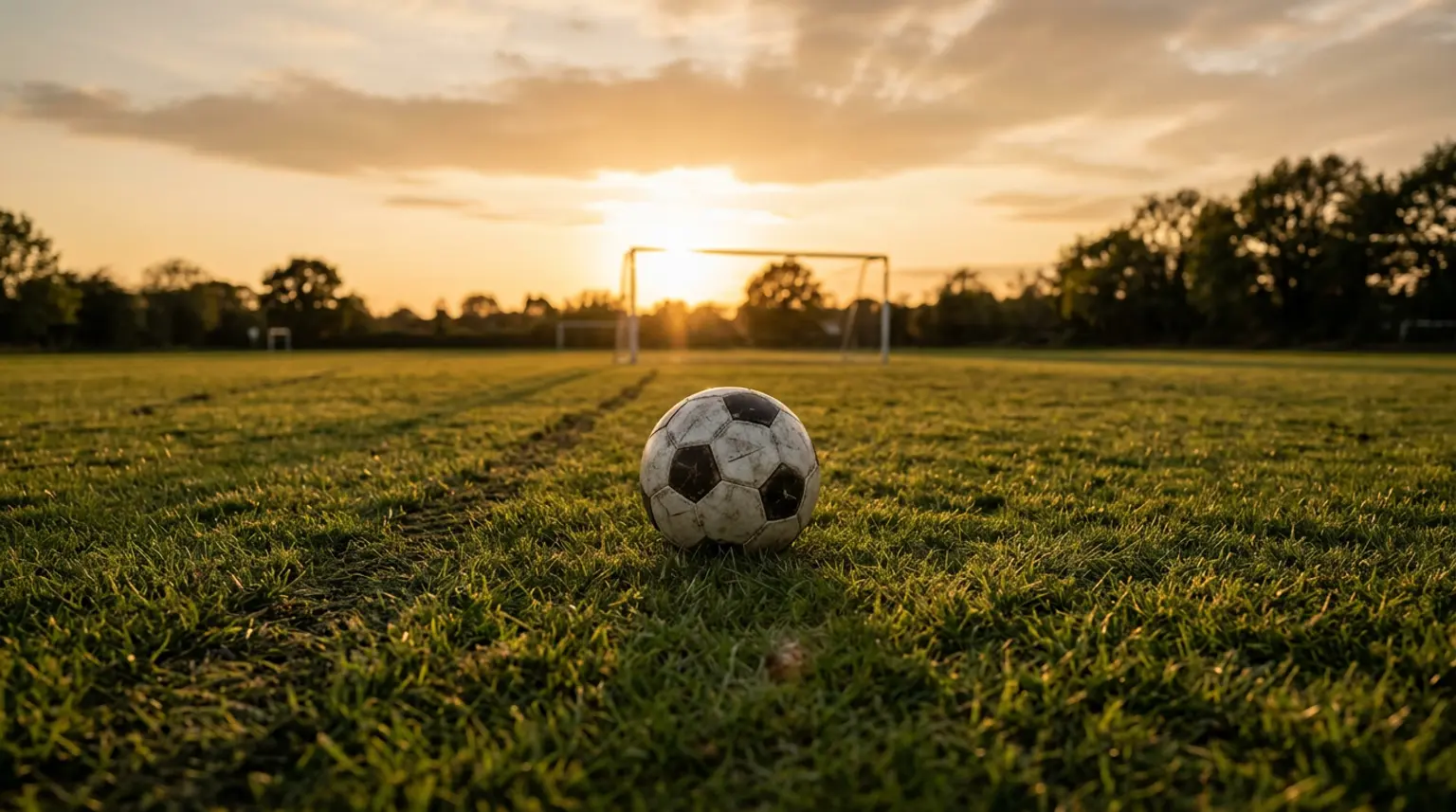A lone soccer ball on an empty grass field at dusk, representing a youth player's stalled improvement