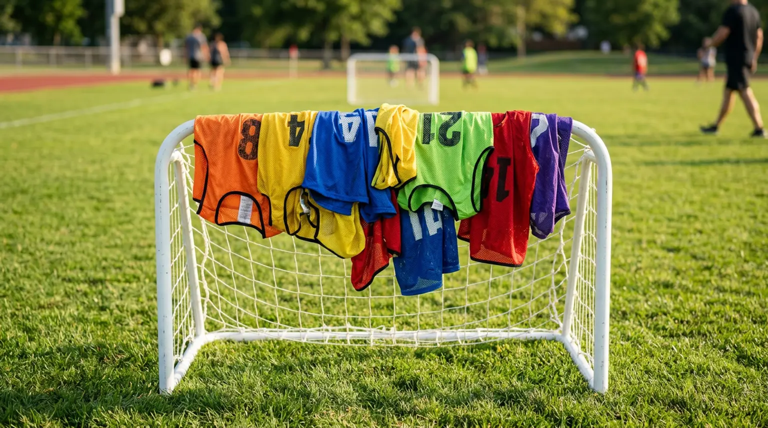Colorful soccer pinnies draped over a small youth soccer goal on bright green grass, representing fun soccer games for kids