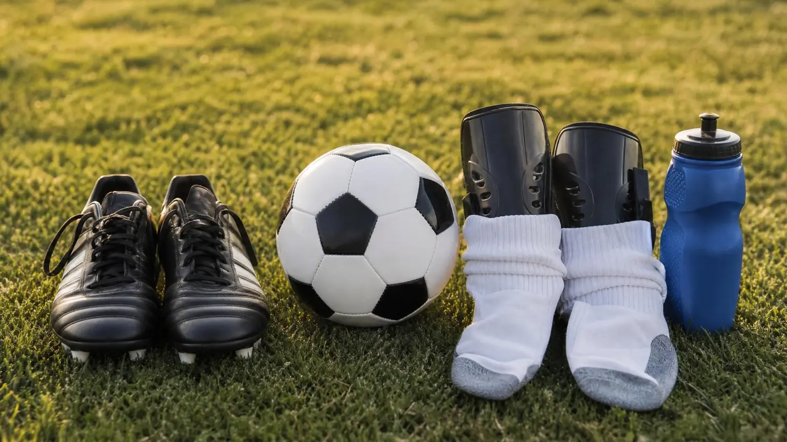 A youth soccer bag with cleats, shin guards tucked into tall socks, a soccer ball and a water bottle laid out on grass, showing the essential youth soccer equipment