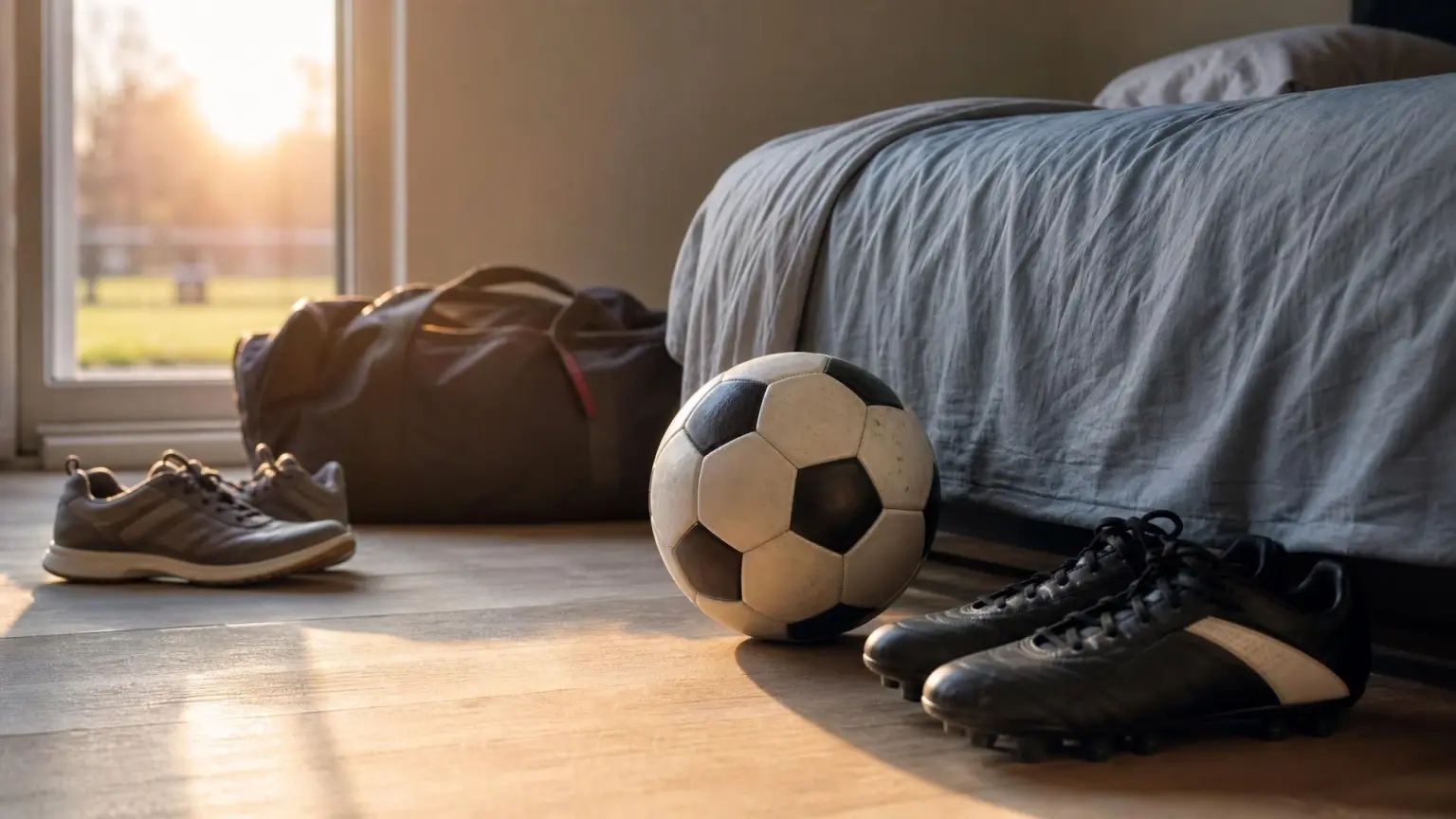 A soccer ball and cleats resting beside a bed in soft morning light, representing rest and recovery for youth soccer players