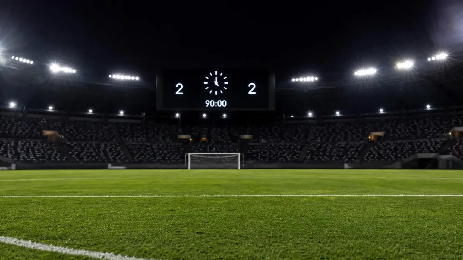 A floodlit stadium scoreboard clock glowing above an empty pitch at night, illustrating how long a professional soccer game lasts