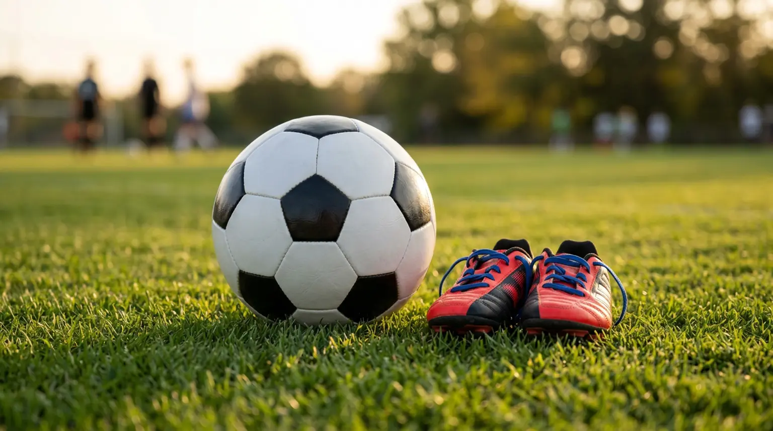 A new soccer ball and small youth cleats on freshly cut grass in golden light, representing soccer drills for beginners