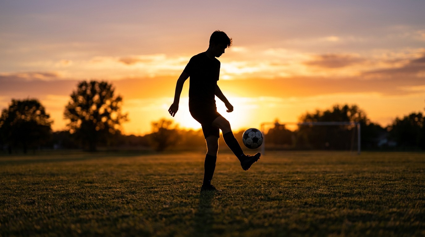 Silhouette of a young soccer player juggling a ball against a sunset sky, representing the journey to getting better at soccer