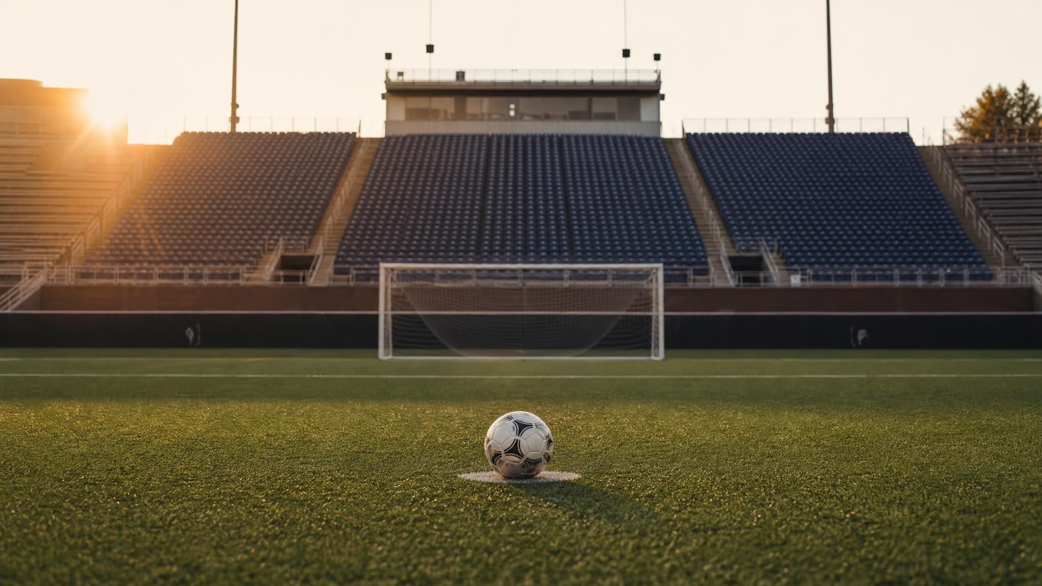 An empty college soccer stadium at golden hour with a ball on the penalty spot, illustrating a guide to college soccer scholarships