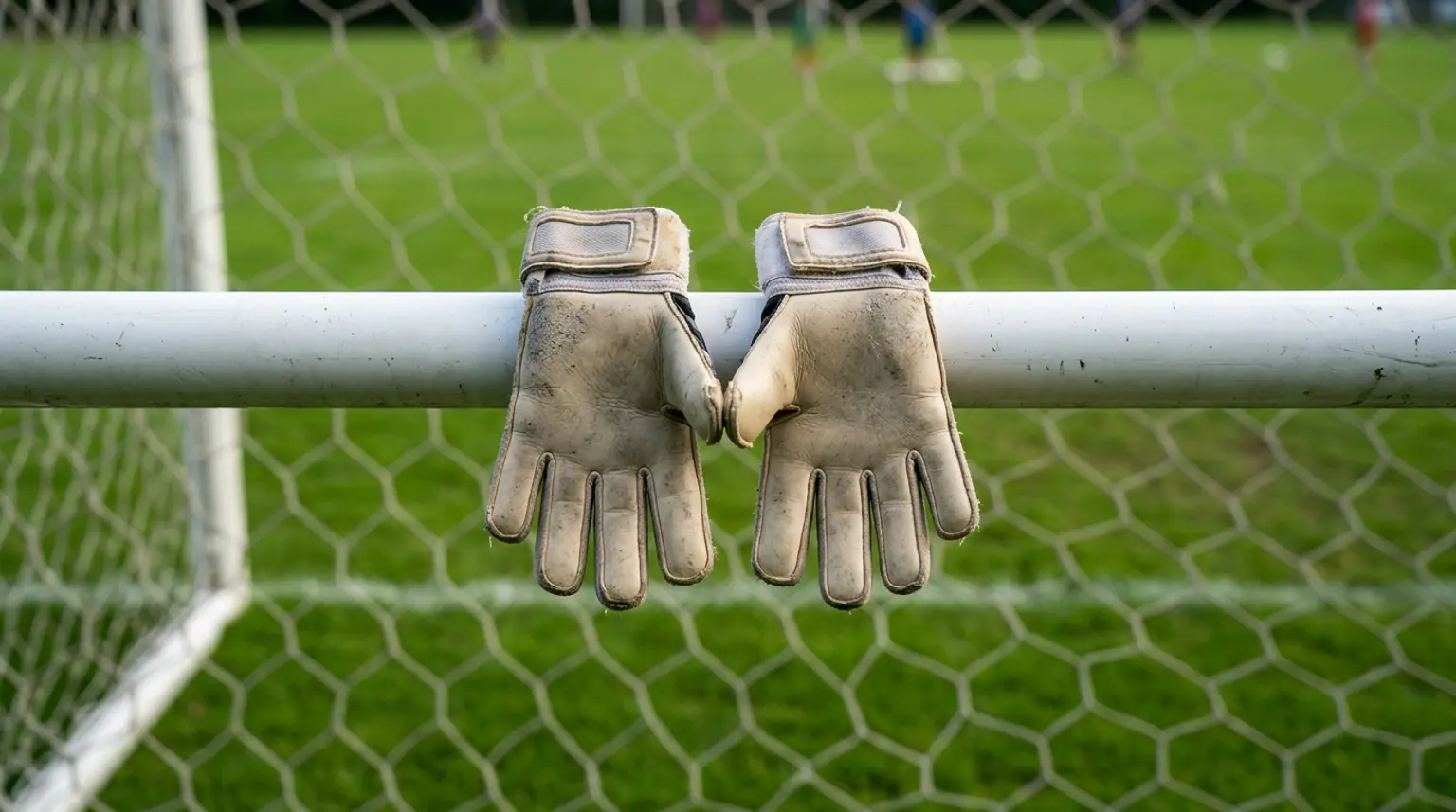 Goalkeeper gloves draped over a goalpost crossbar with the net and pitch behind, representing youth goalkeeper coaching