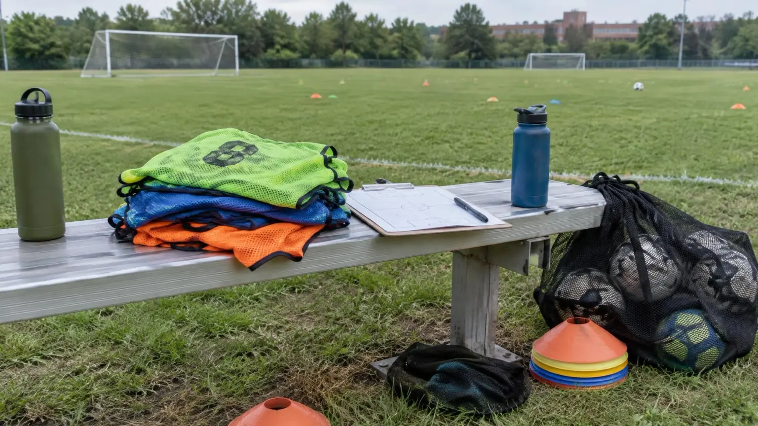 Folded numbered training bibs and a coach's clipboard on a bench beside a college practice field, the setup behind a college soccer ID camp evaluation