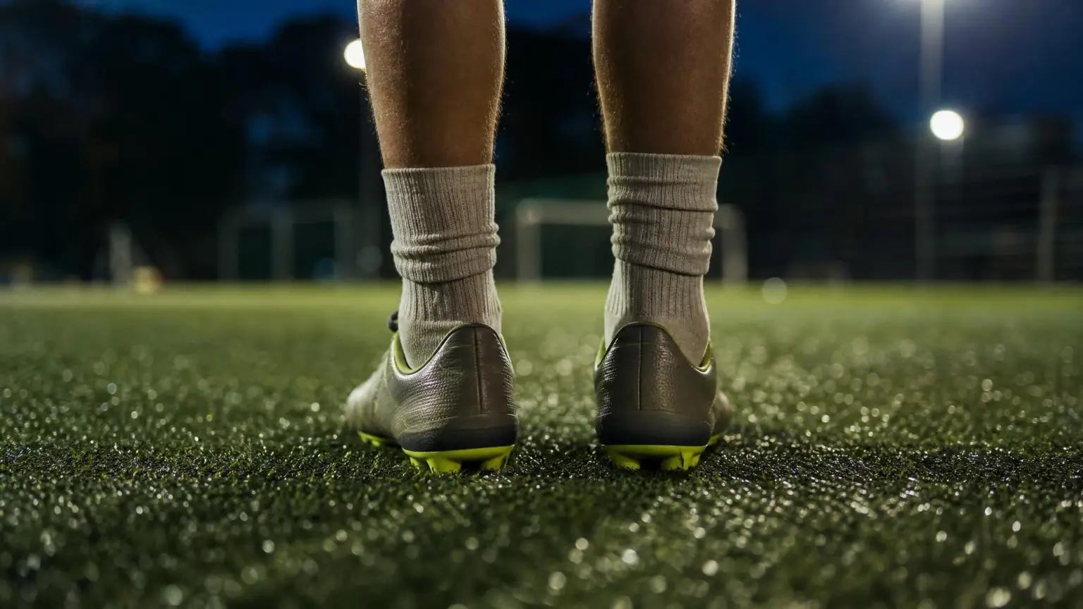 Close-up of a young soccer player's lower legs in socks and cleats on floodlit artificial turf, illustrating shin splints in youth soccer