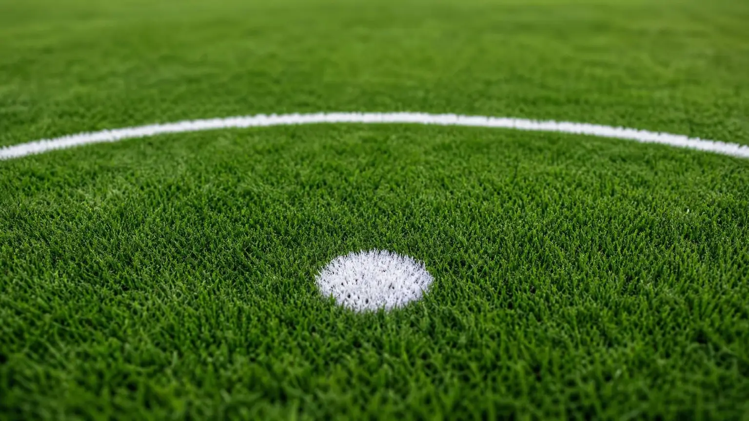 Close-up of the white penalty spot and the curved painted line of the penalty arc on green grass, illustrating soccer field lines and markings
