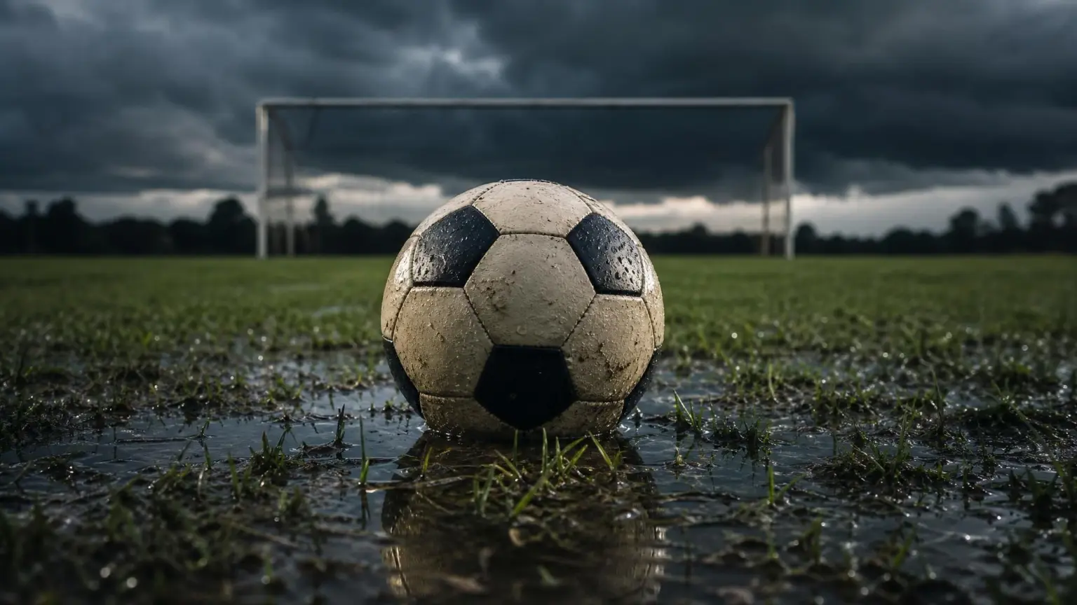 A soccer ball sitting in standing water on a rain-soaked youth soccer field with storm clouds behind the goal, illustrating youth soccer weather rules