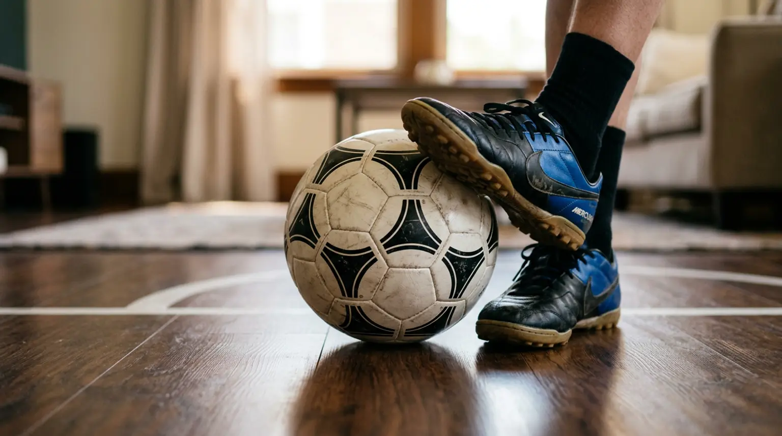 Close-up of a soccer ball between cleats on an indoor floor, representing footwork drills that can be done in a small space