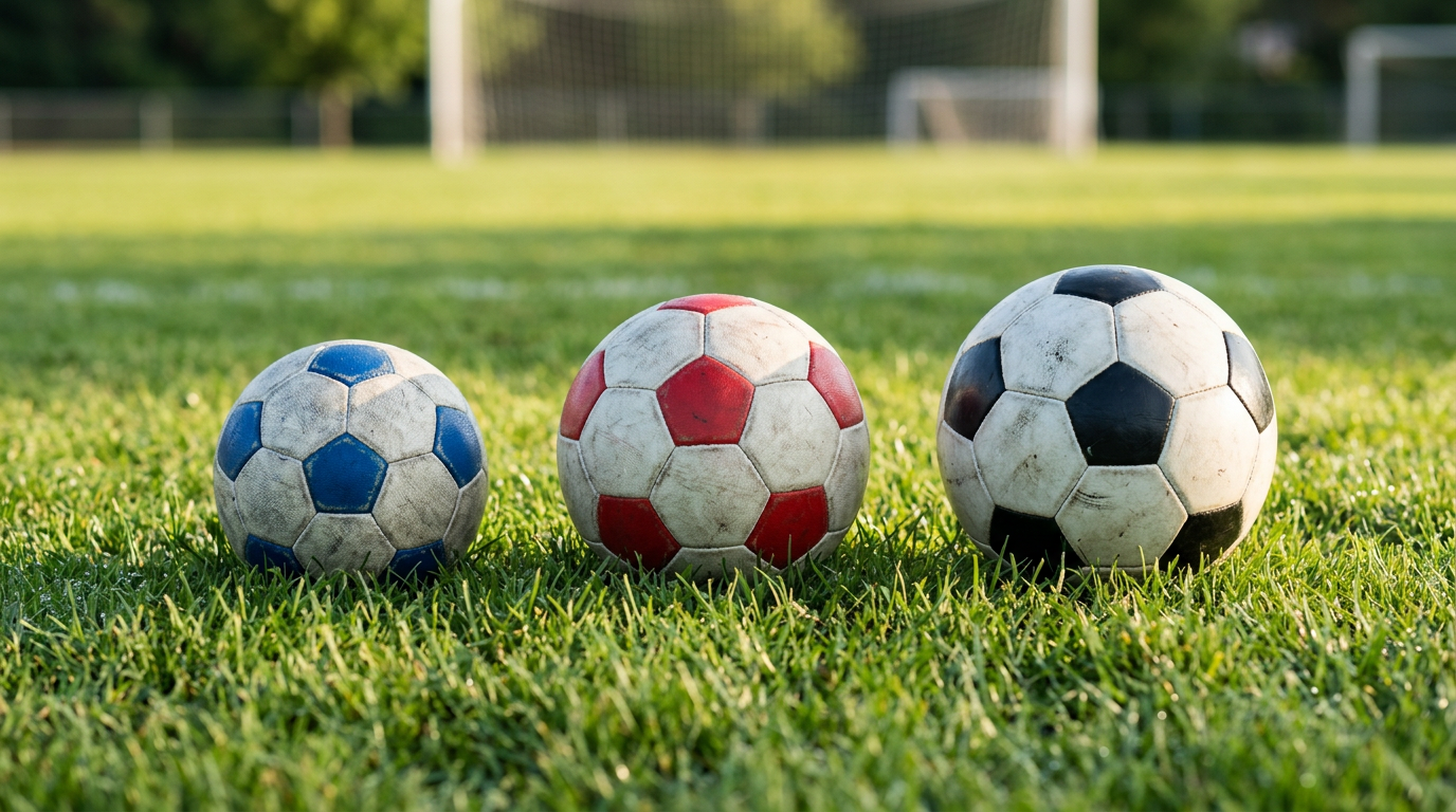 Three different sized soccer balls arranged on green grass representing the youth soccer ball size guide by age