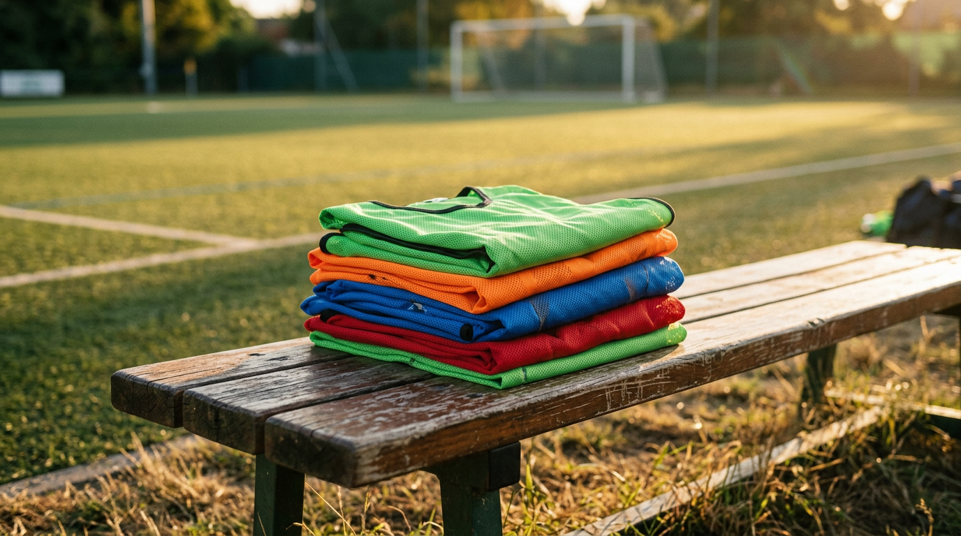 Colorful training bibs folded on a bench beside a soccer pitch in warm light, representing club community and player retention in youth soccer