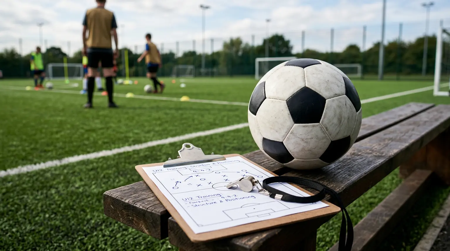 A soccer ball and coaching clipboard with whistle on a bench beside an artificial turf pitch for U12 soccer training