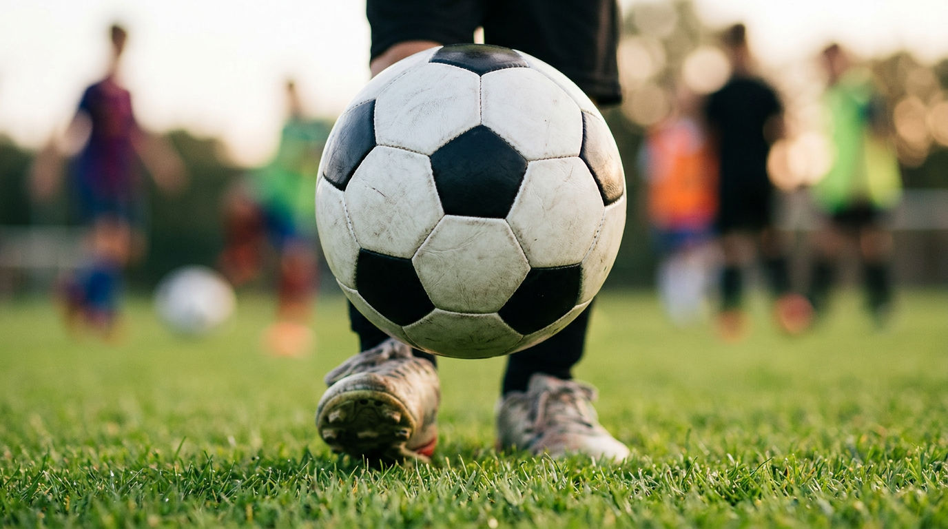 A soccer ball suspended in mid-air above green grass representing youth soccer juggling practice