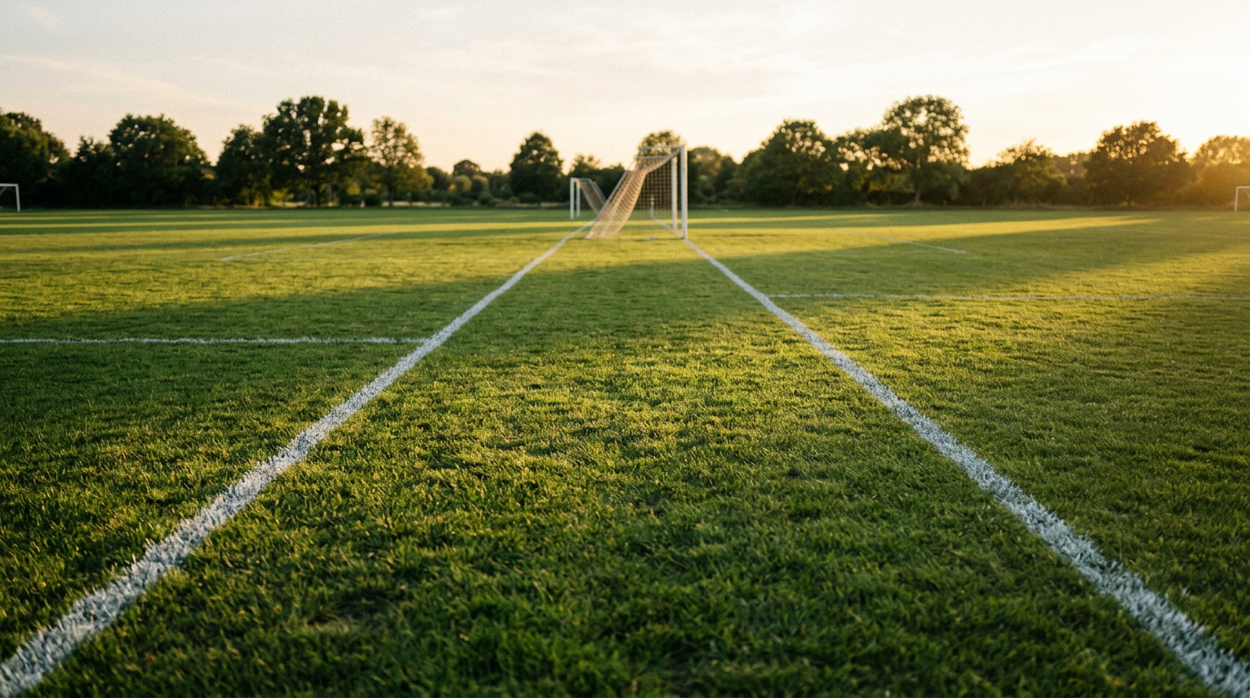 An empty soccer field with freshly painted white lines at golden hour, representing youth soccer season planning