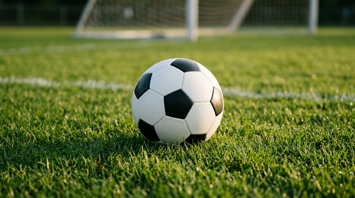 A new soccer ball on fresh green grass in soft sunlight, ready for a beginner's first soccer training session
