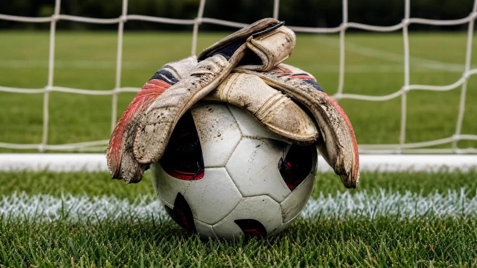 Goalkeeper gloves resting on a soccer ball inside the six-yard box, illustrating goalkeeper rules in soccer