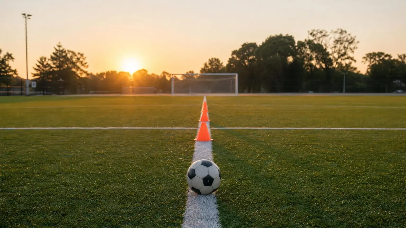 An empty youth soccer pitch at sunrise with a line of orange training cones and a ball on the touchline, ready for a preseason training session