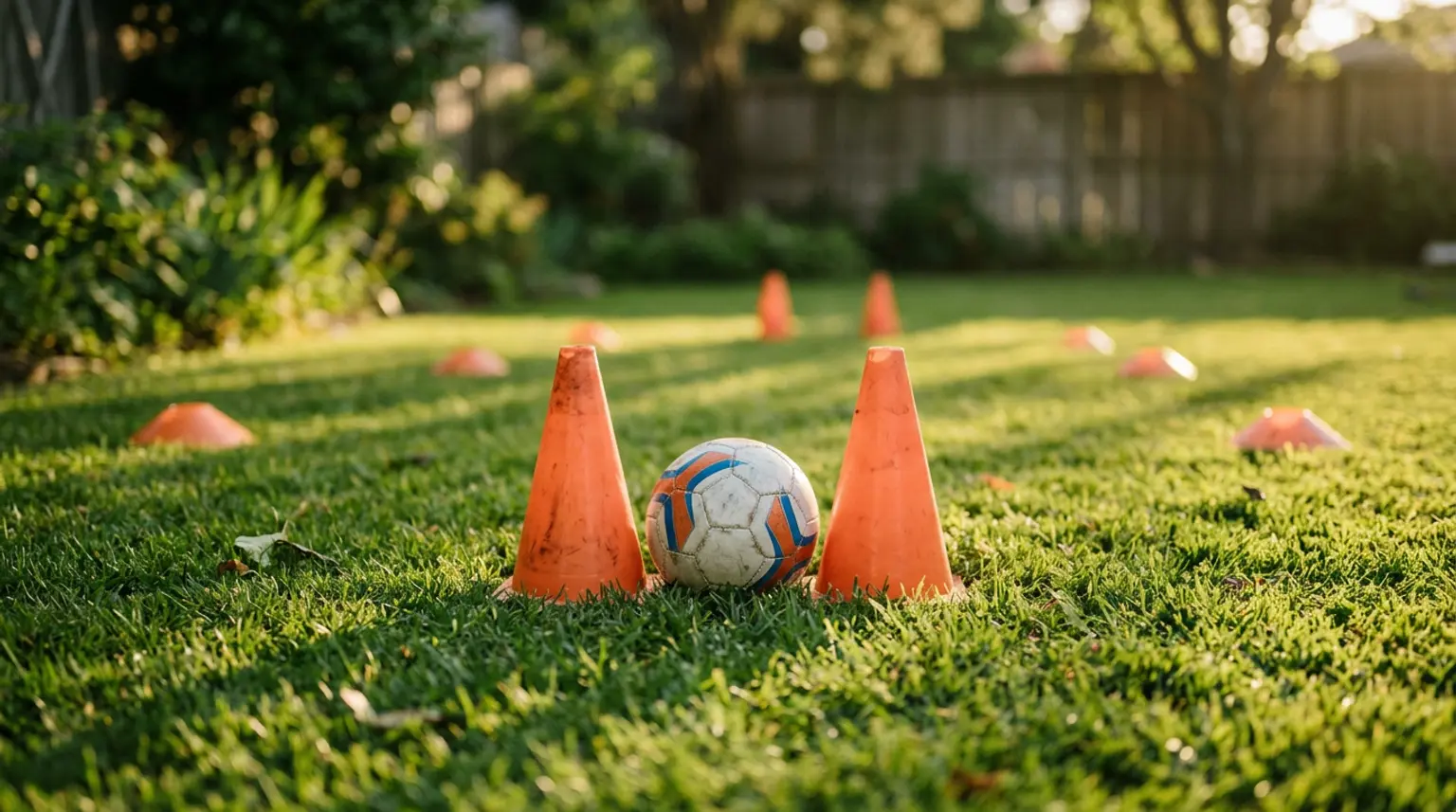 Small orange cones on a backyard lawn with a child-sized soccer ball between them in warm golden light, representing dribbling drills for kids