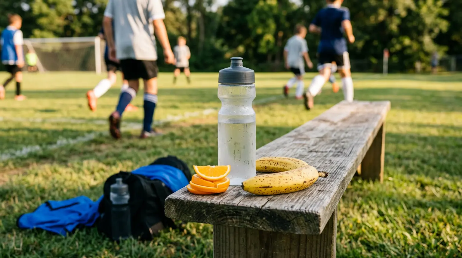 A water bottle, banana, and orange slices on a soccer sideline bench representing youth soccer nutrition