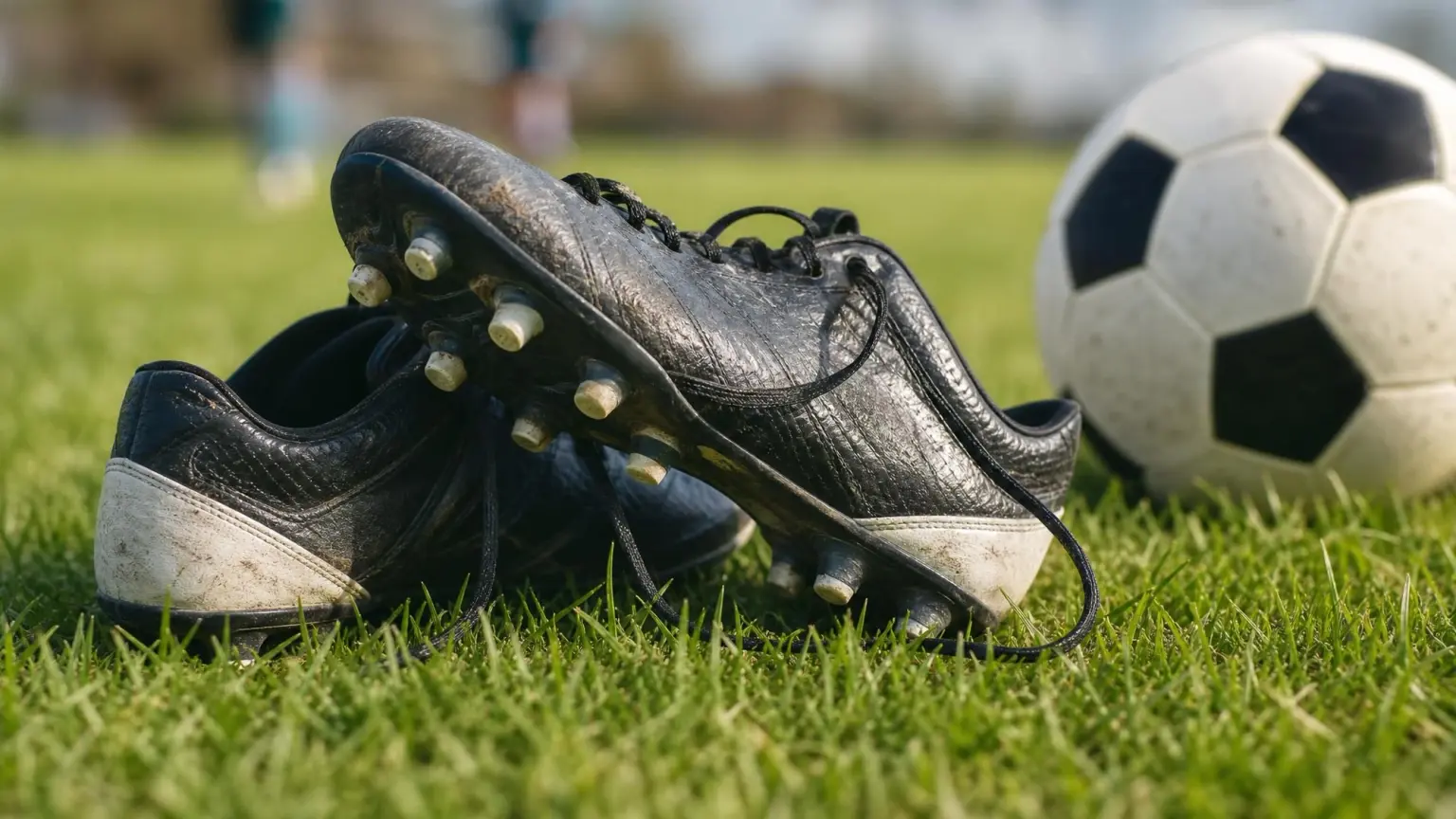 Close-up of youth soccer cleats resting on grass next to a ball, showing the studs and laces, illustrating how soccer cleats should fit