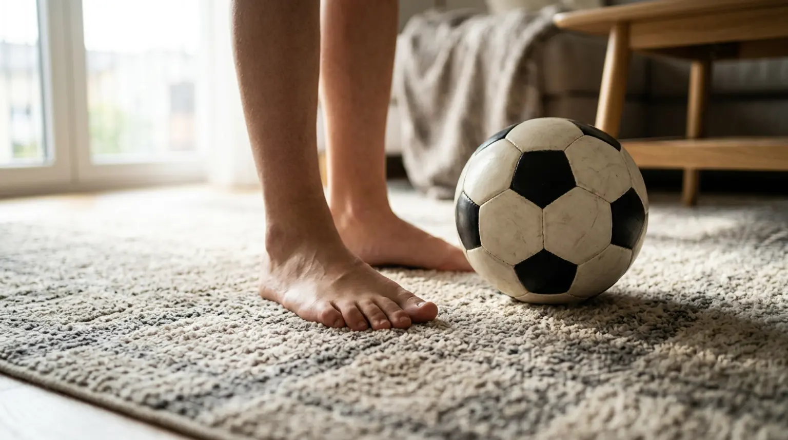 A soccer ball on a living room carpet with natural window light, representing soccer exercises that can be done at home without equipment