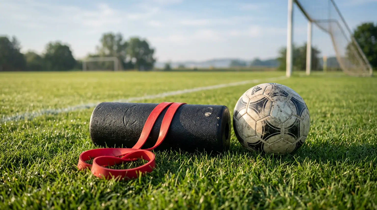 A foam roller and stretch band on green grass beside a soccer ball in morning light, representing youth soccer recovery and rest