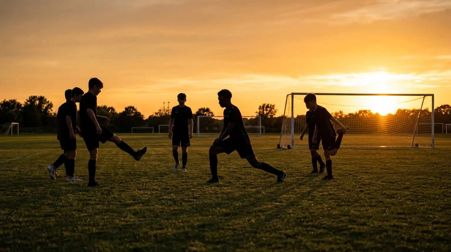 Silhouettes of young soccer players stretching on a pitch at golden hour before practice