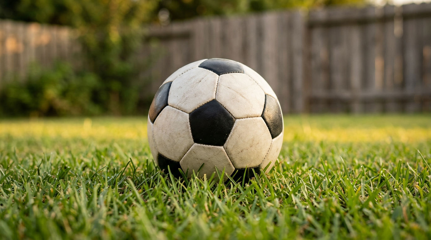 A child-sized soccer ball on backyard grass in warm golden light, representing home soccer training apps for kids and parents