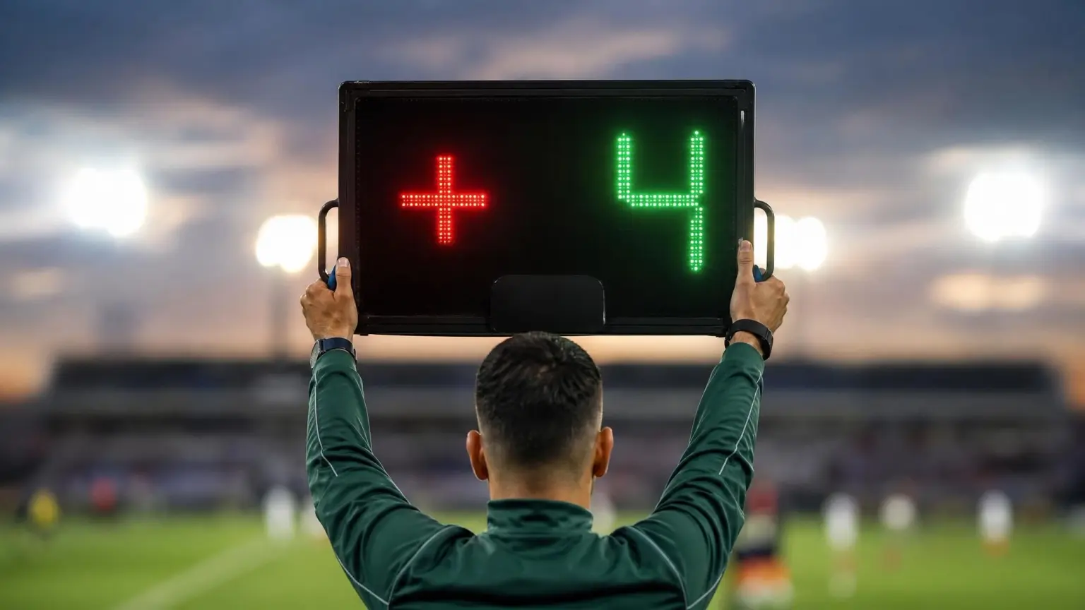 A fourth official's illuminated LED board raised at the edge of a floodlit pitch showing added time, the signal that stoppage time in soccer is about to be played