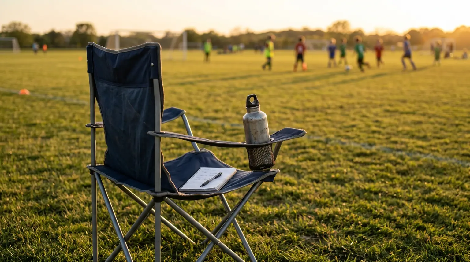 A folding chair on the sideline of a youth soccer field at golden hour, representing coach and parent communication about player development
