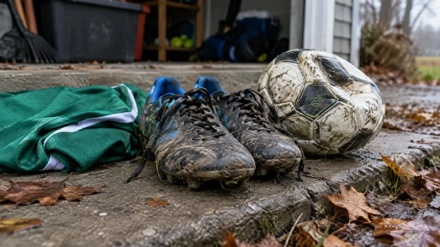 Muddy youth soccer cleats and a ball left on a garage step among autumn leaves at the end of the fall season, when youth soccer players should take time off
