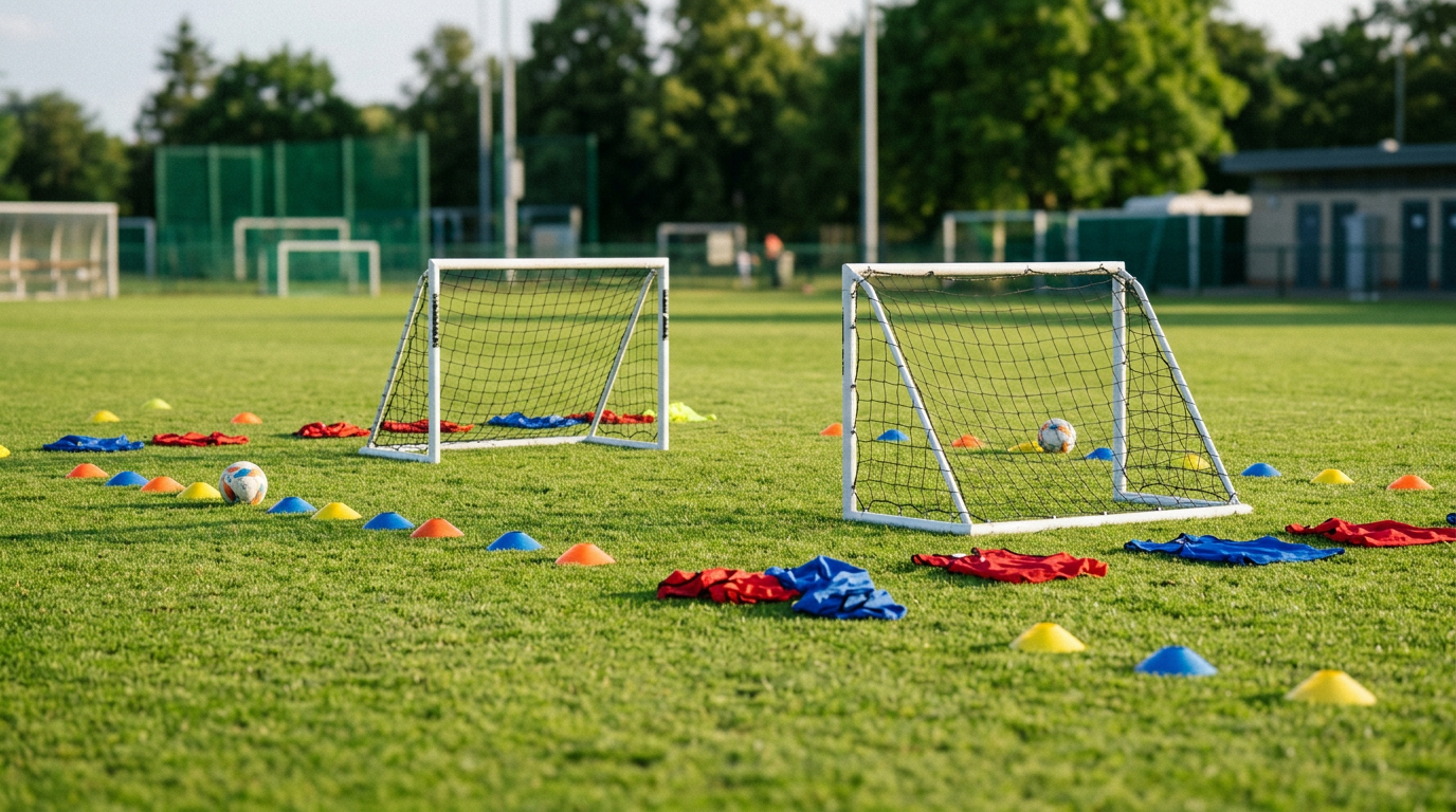 Small portable soccer goals with colorful cones and bibs on a bright green training pitch for small-sided games