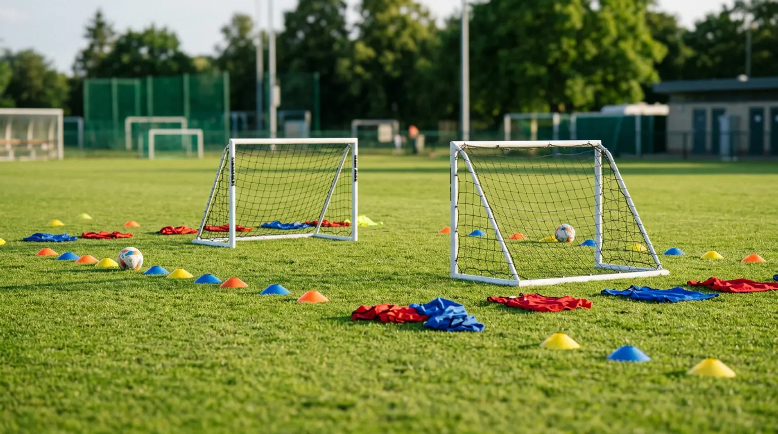 Small portable soccer goals with colorful cones and bibs on a bright green training pitch for small-sided games