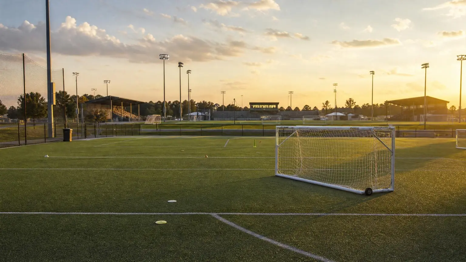Youth soccer complex at golden hour with a small training pitch in the foreground and a floodlit stadium field in the distance, representing the levels of youth soccer from recreational to elite