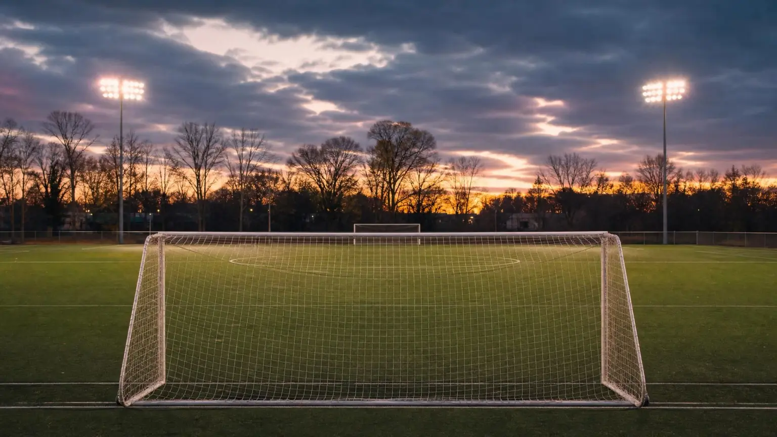 An empty high school soccer field under floodlights at dusk, at the end of the high school soccer season
