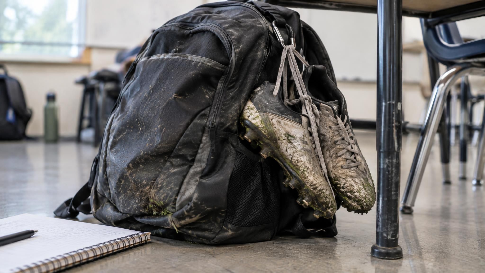 A soccer backpack with cleats clipped to it resting beside a school desk, the two halves of NCAA Eligibility Center requirements for a college-bound player