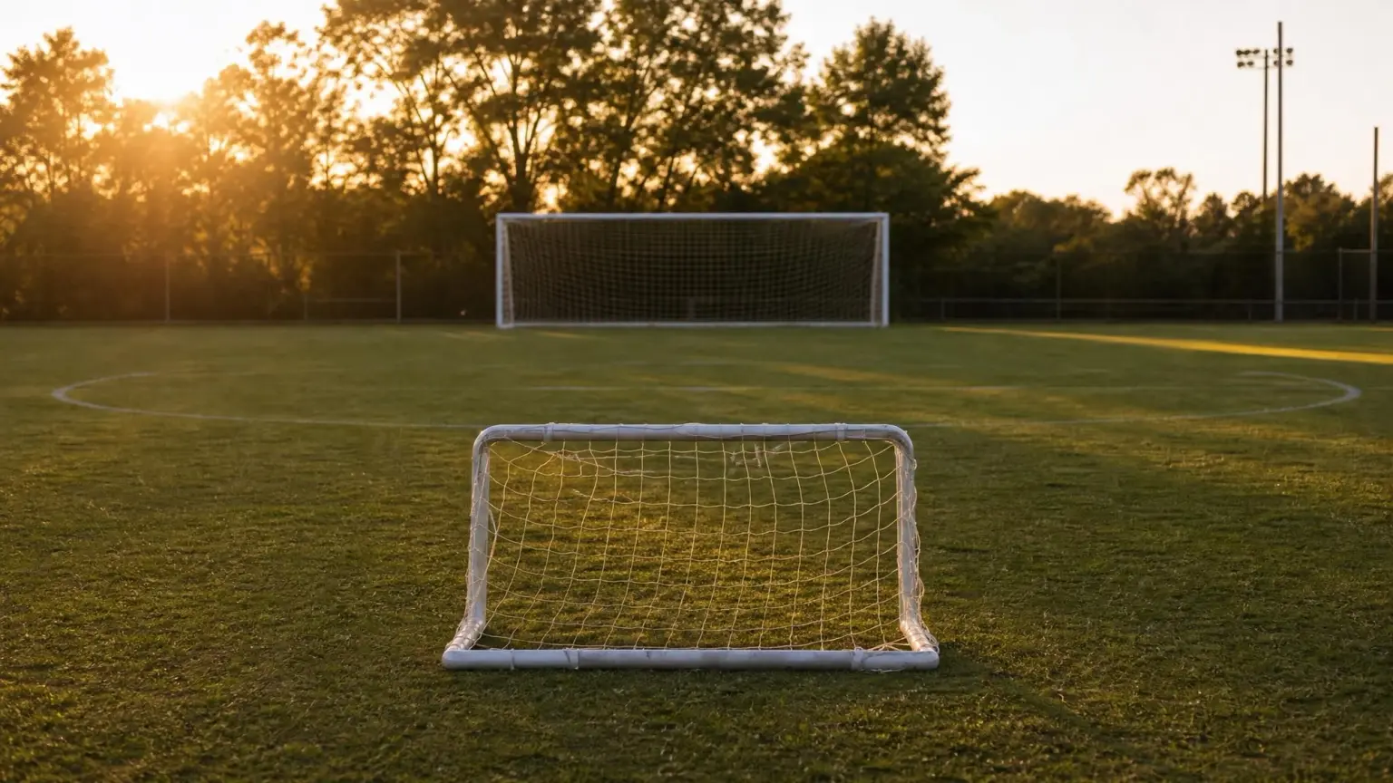 An empty youth soccer field at golden hour with a small portable goal in the foreground and a full-size goal in the distance, illustrating how many players are on a youth soccer team at each age group