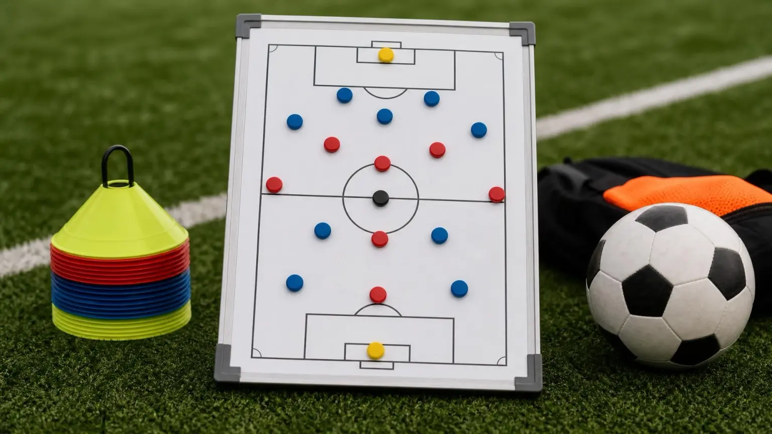 A soccer tactics board with magnetic player markers arranged in a youth soccer formation next to cones and a ball on green turf