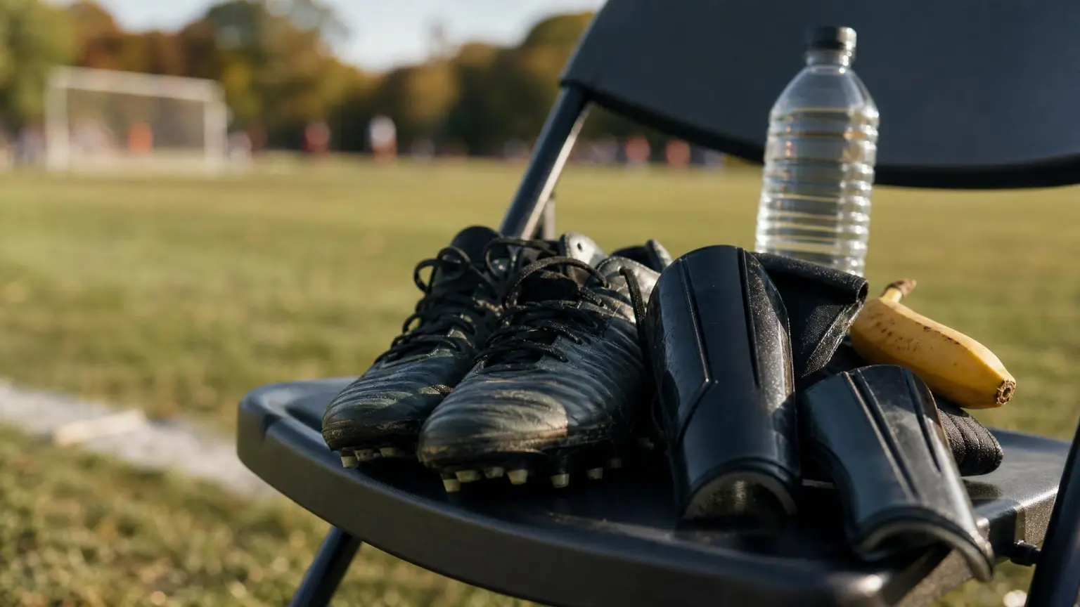 Youth soccer cleats, shin guards, a water bottle and a banana on a folding chair beside a tournament field, illustrating recovery between soccer games