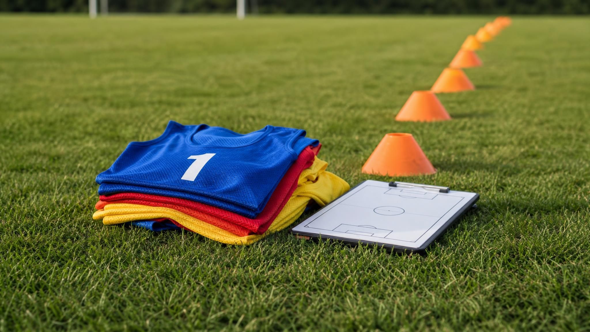 Numbered training bibs stacked beside a coach's clipboard and a line of cones on an empty pitch, the setup for an ODP soccer tryout session